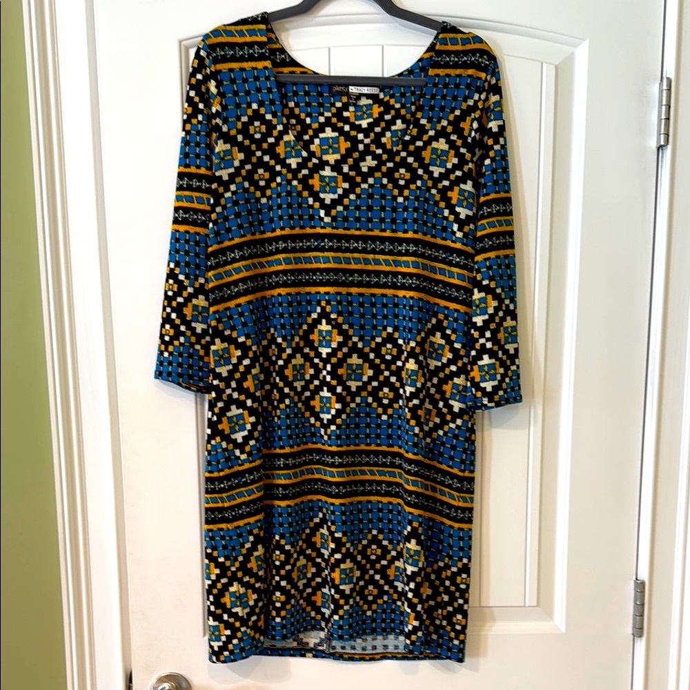 Tracy Reese Blue and Black Sheath Dress with Raglan Sleeves